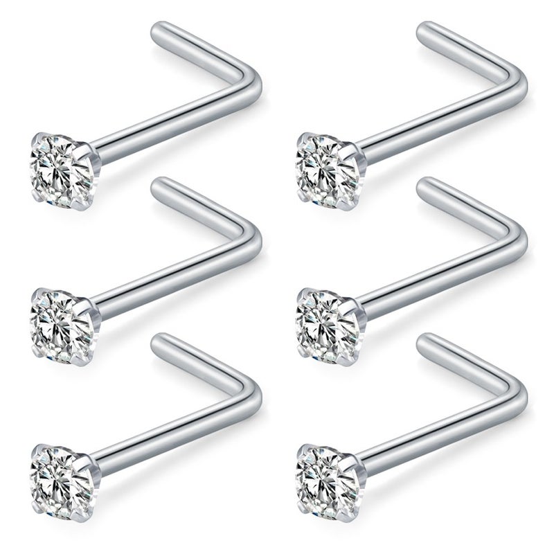 Briana Williams Nose Rings Studs-20G 2mm Clear Round Diamond CZ Surgical Steel Nose Stud Rings L Shaped Piercing Jewelry 6pcs - Image 1